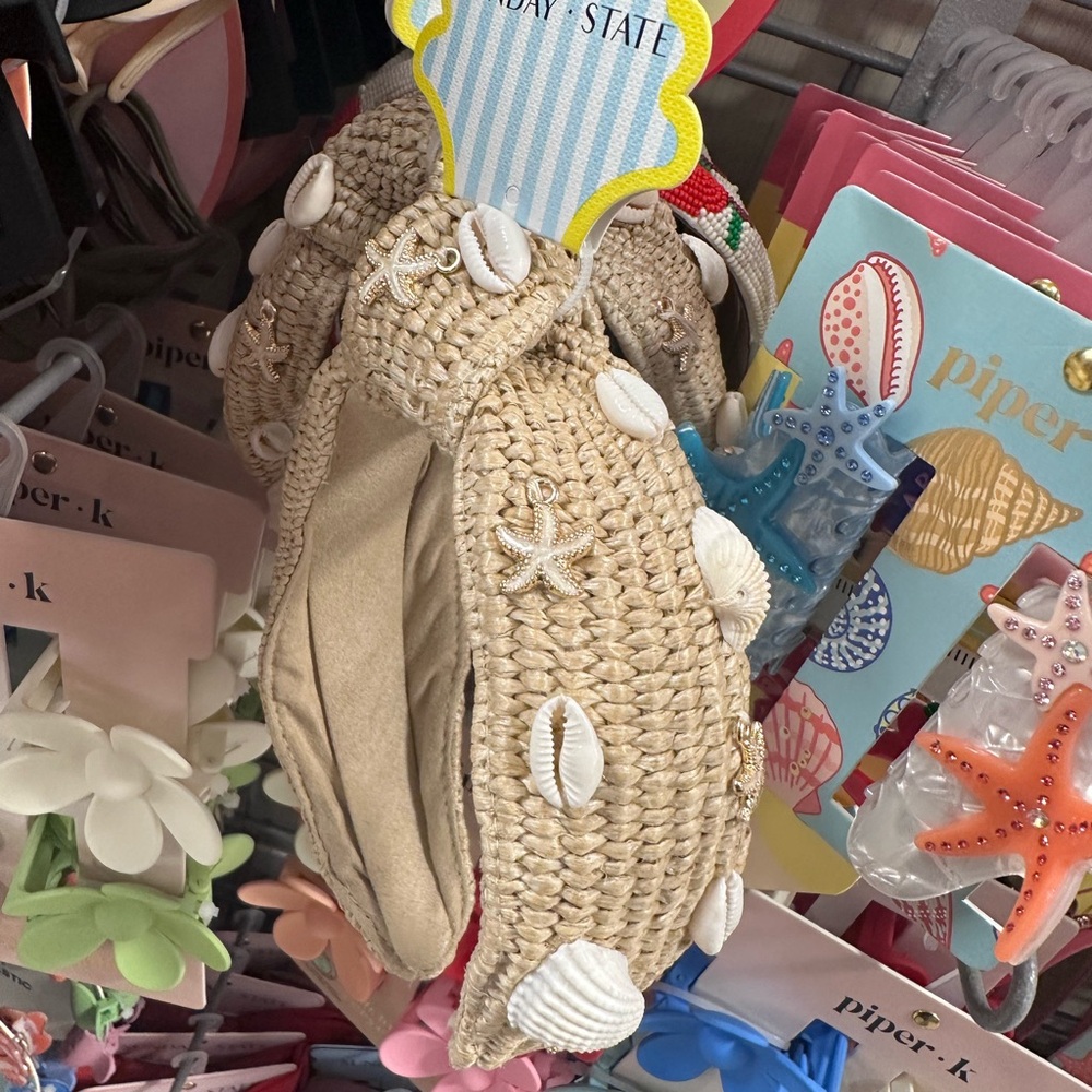 Beige Woven Headband with Shell Accents